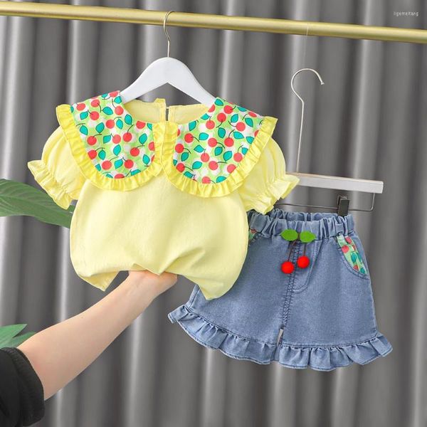 Kleidung Sets Nette Sommer Set Für Baby Mädchen Gedruckt Spitze Kragen Top Denim Shorts Kostüm 1 2 3 4 Jahre kinder Prinzessin Kleid