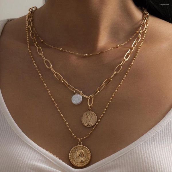 Catene Collana con pendente a moneta intagliata multistrato vintage per donna Gioielli di moda a catena con perle barocche 2022