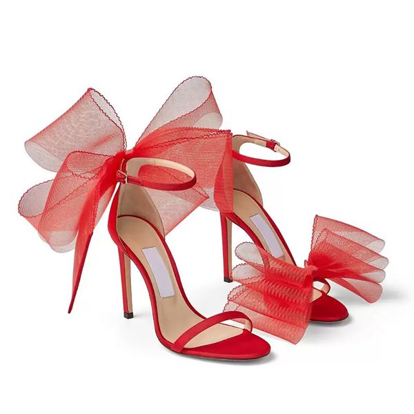 Sandali Scarpa Stiletto di qualità europea Designer Rose Pink Vamp Heel Cross Big Bow Vamp fluorescente Open Toes Strap Box