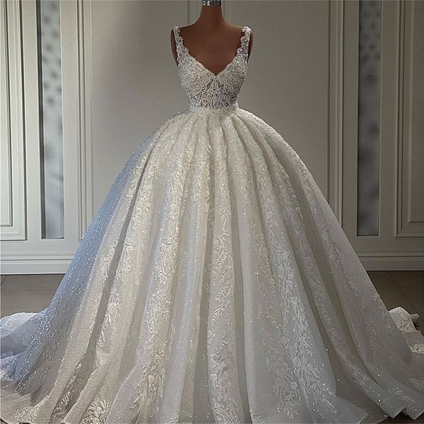 Haute Couture Кружевое свадебное платье Sparkly Crystal v Nece с коротким рукавом с коротким рукавом свадебные платья 3D аппликации на заказ одежды