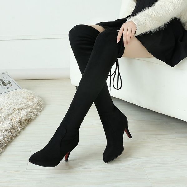 Botas Trend Fashion Stretch Fabric Sock Boots Ponto Toe Overtheknee Heel Taxa Fina High Woman Sexy Big Size 3542 Black Shoes 221114