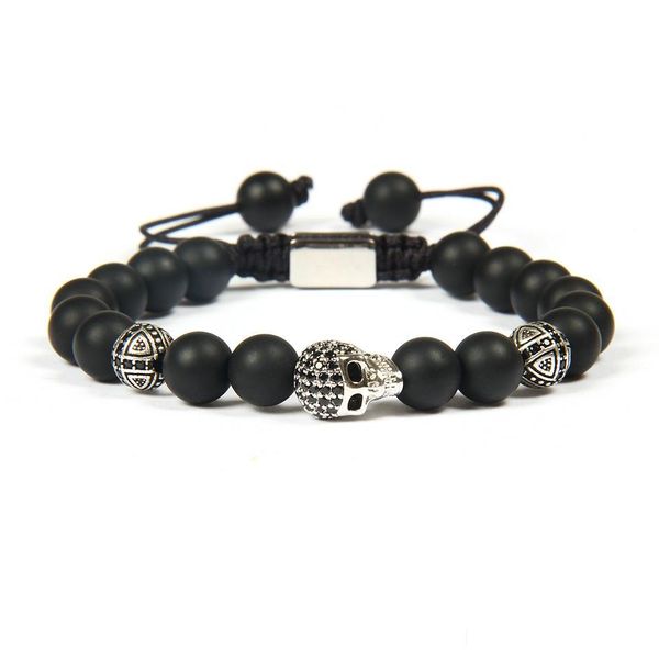 Charm Armbänder Ailatu Schmuck Großhandel 10 teile/los 8mm Schwarz Achat Stein Perlen mit CZ Männlich Skl Rame Armbänder Herren DIY Drop Lieferung DHDCP