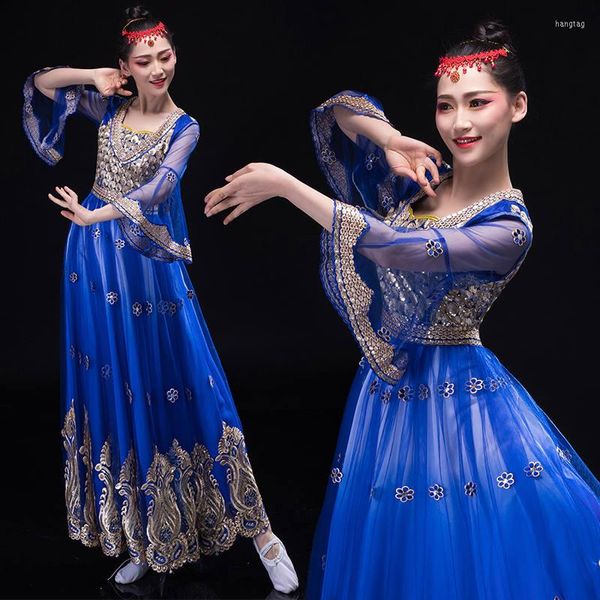 Stage Wear India Uygur Ethnic Styles Costume Donna Elegent Lady Abito lungo con ricamo