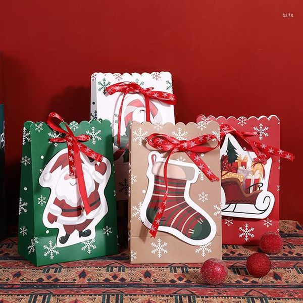 Brocada de presente 4pcs Kraft Paper Christmas Cookie Box Papai Noel Bolsas de presentes Merry Navidad Ano S 2023