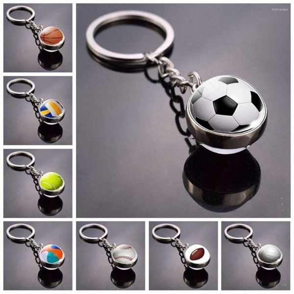 Keychains Glass Ball Charms Football Baseball Volleyball Soccer Basketball Key Titular para Men Boy Sport Lovers Bag Acessórios