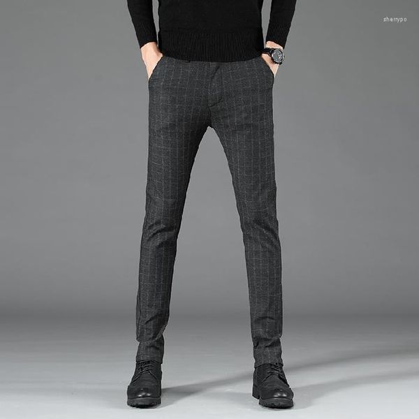 Calça masculina masculina casual masculino lish slim coreano calça de calça de calça de moda de forma de ajuste frontal comprimento frontal