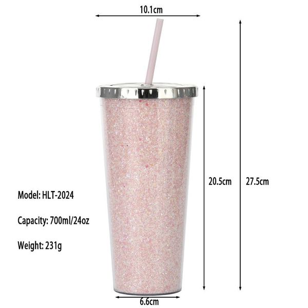 Bicchiere da 24 once con glitter Sippy Cup, doppia parete, in plastica isolata, bottiglia sportiva, con cannucce, personalizzabile, regalo fai da te, bicchieri d'acqua, spedizione marittima RRC403