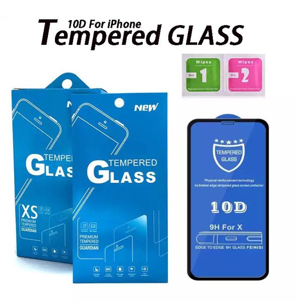 Vollständige Abdeckung Film 10D Displayschutzfolie für iPhone 14 Pro MAX 7 8 Plus 9H gehärtetes Glas 11 12 13 Mini XR XS Schutzglas mit Einzelhandelsverpackung