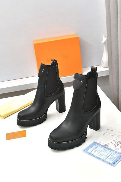 Luxuriöse Winter-Beaubourg-Stiefeletten, schwarzes Kalbsleder, Comabt-Stiefel, Gummi-Stollensohle, Damenbeute, berühmte Martin-Booties, Party, Hochzeit, Größe 35–42