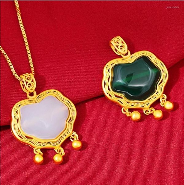 Colares pendentes Hi Green Carnelian Colarian 24K Gold Bathed Women para feminino Chain Chain Longevity Lock Jóias finas