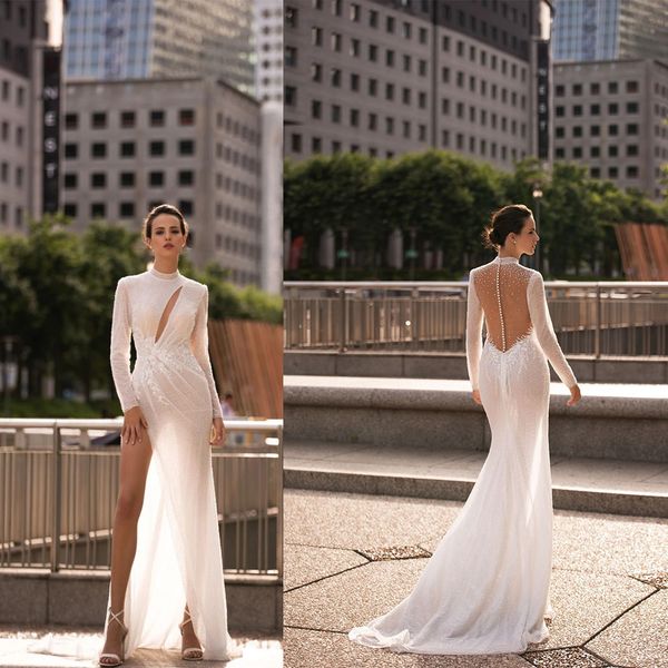 Elegante Meerjungfrau Brautkleider Hochkragen Langarmes transparentes Spitzenr￼cken Rei￟verschluss Split Side Applicant Court Gown Custom Made Plus Size Vestidos de Novia