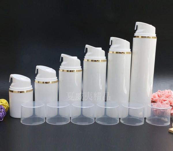 100 Stück Airless-Vakuumpumpe, Lotionsflasche mit goldfarbener, silberner Linie, weißer Kappe, 30 ml, 50 ml, 80 ml, 100 ml, 120 ml, 150 ml, Kosmetikflasche F3674