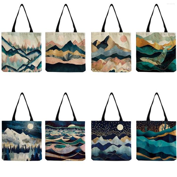 Bolsas de noite bolsa de sacola de arte abstrata montanha e água Professor da escola presente de alta capacidade Compriche e ecologicamente correto