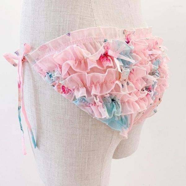 Unterhosen Sissy Chiffon Ruffule Slips Frauen Bikini Schnürunterwäsche Atmungsaktive bedruckte Höschen Gay Floral Trunks Dessous