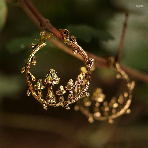 Brincos de argolas boho redondo cogumelo dourado para mulheres criatividade antiga metal geométrico jóias
