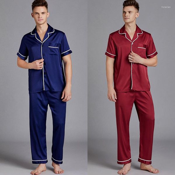 Pijama masculino de pijamas masculinas de verão de mangas curtas terno de seda fina de seda cetim usa tamanho grande pode fora das noite