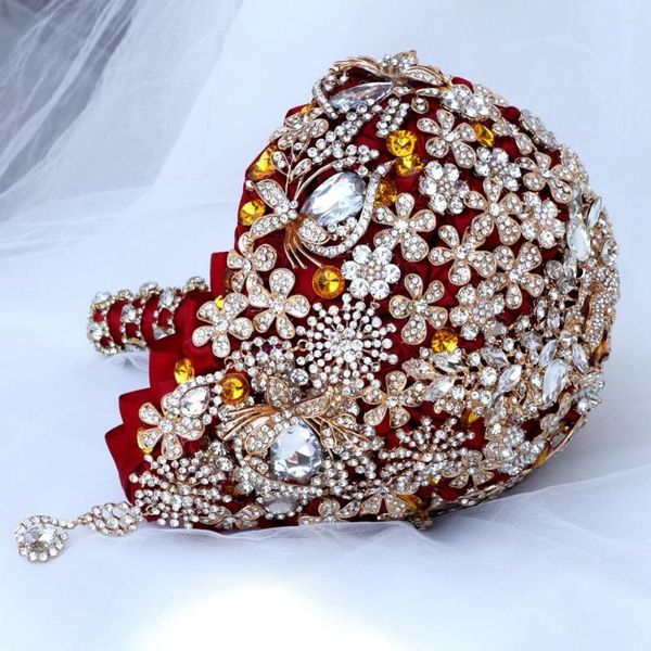 Dekorative Blumen, 18 cm, rote Satin-Rose, Hochzeit, Brautstrauß, brillante Diamanten, Brautjungfer mit Blumen, Strass, wunderschön, W2022G