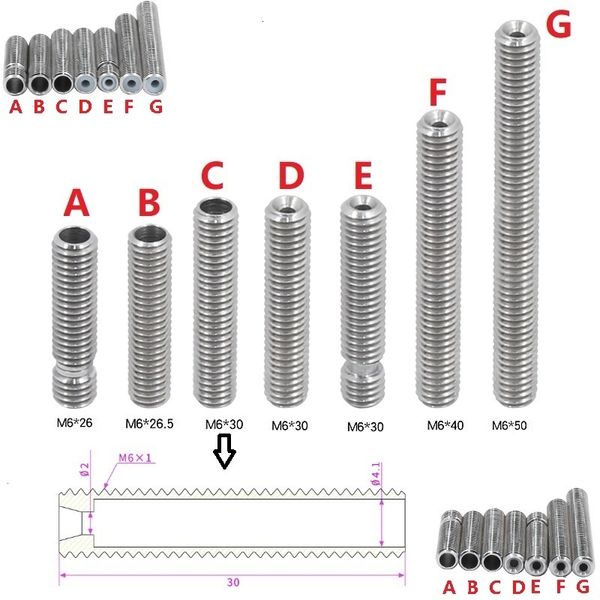 Andere Druckerversorgungen Mega 2pcs MK8 Heatbreak 26 26 5 30 40 50 mm Wärmebruch mit Schlitz Ptfe Tube M6 Gewinde Throat 3D -Druckerteil für 1 75 mm Filament 221114