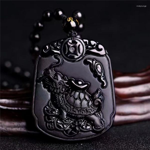 Anhänger Halsketten Natürliche schwarze Obsidian Peeling Drachenkopf Schildkröte Körper Neckalce Mode Einzigartige Glück mit Perlen für Männer Frauen