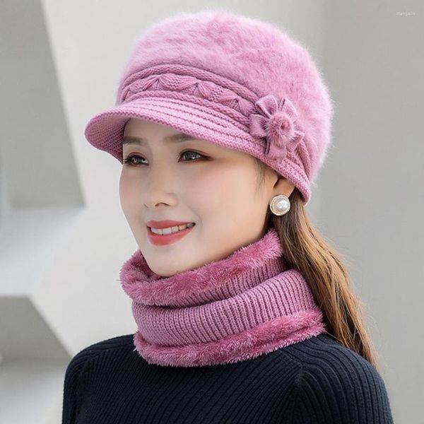 Boinas 2pcs/set lindas lindas chapéu pescoço mais quente adultos luxuosos adultos outono inverno de meia-idade kit de cachecol de meia-idade