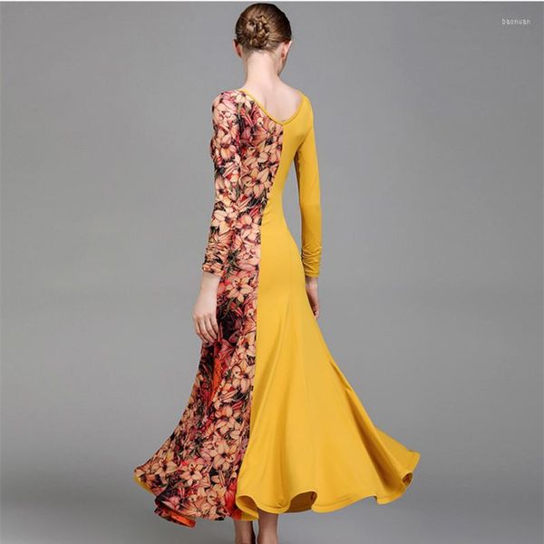 Sahne Giyim Latin Balo Salonu Elbise Standart Viyana Vals Kadın Dans Kostümleri İspanyol Flamengo Sarı