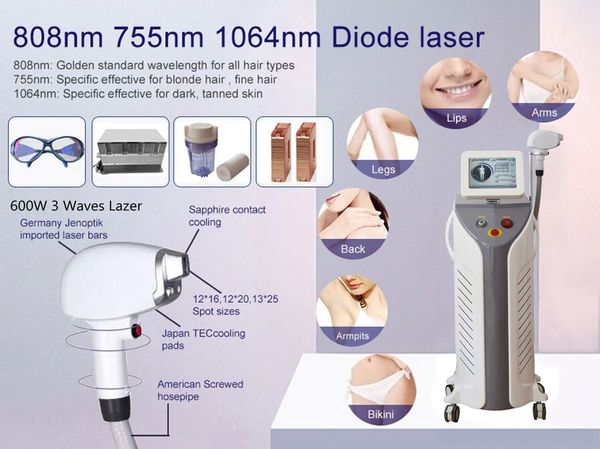 Diodo de remoção de cabelo do epilatador laser 755 808 1064nm Beauty Beauty 600W Comprimento de onda Triplo Equipamento de rejuvenescimento permanente de pele