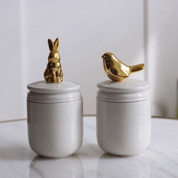Bottiglie di stoccaggio Vasetti in ceramica con copertura per animali in oro con coperchio Contenitori cosmetici bianchi dorati per uccelli nordici semplici Snack Barattoli di caramelle Matrimonio
