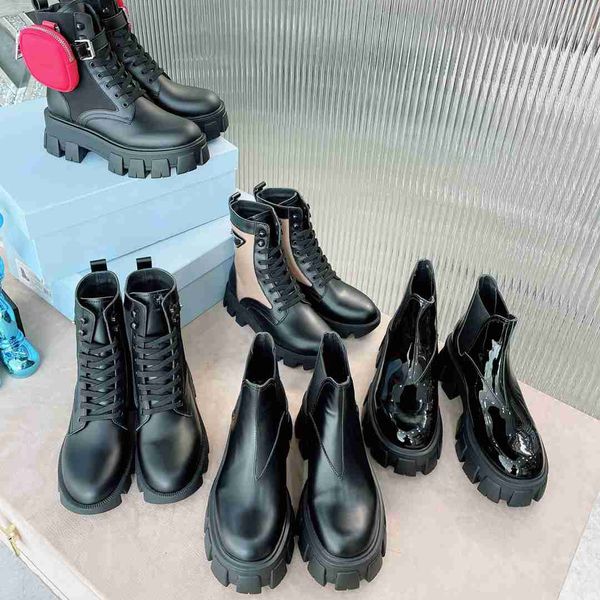 Monolith Boots Homem Mulheres Boot Rois Chelsea Booties Designer Glos de couro brilhante Renylon Rubber Boots Bot de combate Inspirado Militar