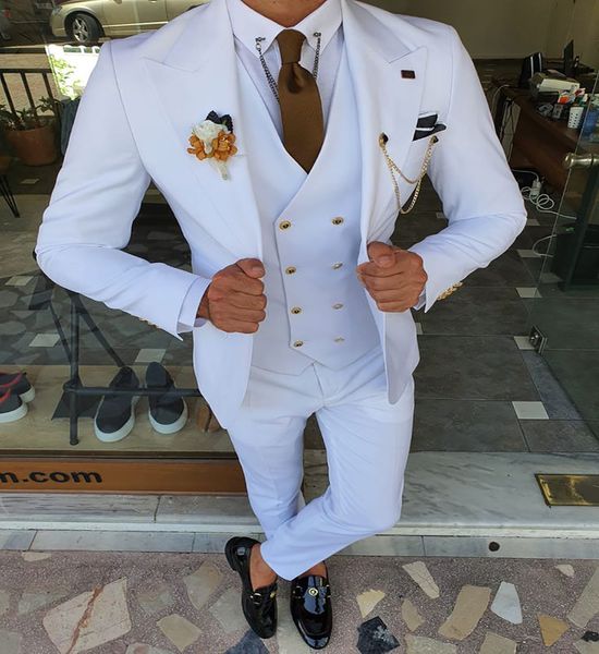 Smoking da sposa bianco elegante per uomo tre pezzi raso doppio petto slim sposo cena abiti da festa formale abiti pantalone cappotto uomo d'affari vestito 2022