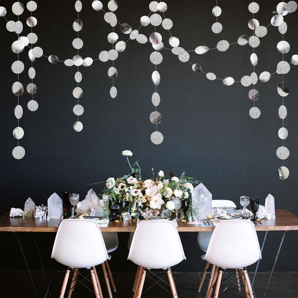 Decoração de festa 13ft Glitter Silver Paper Circle String Dots Garlands pendurados para noivado de casamento Banner de chuveiro de noiva Os suprimentos