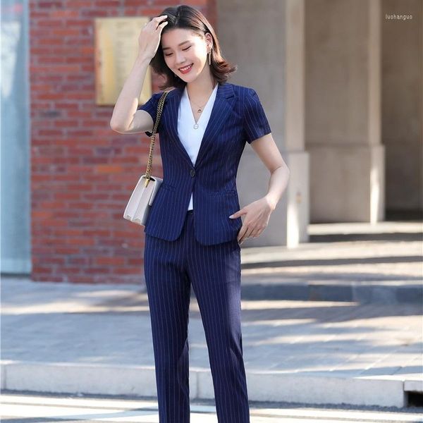 Pontas de duas peças femininas de verão de verão, senhoras marinho azul blazer feminino feminino com calça e jaqueta conjuntos de manga curta OL Styles