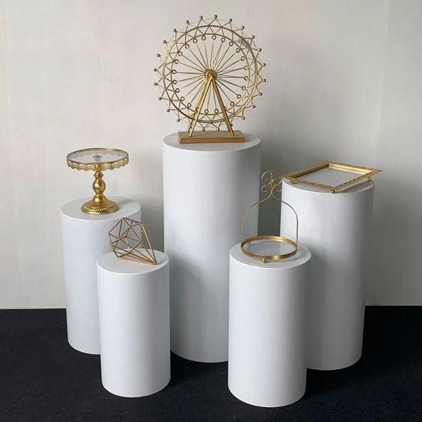 Round Cylinder Pedestal Display White Gold Art Decor Decoração Plintos de bolo de bolo Pilares para decorações de casamento DIY férias