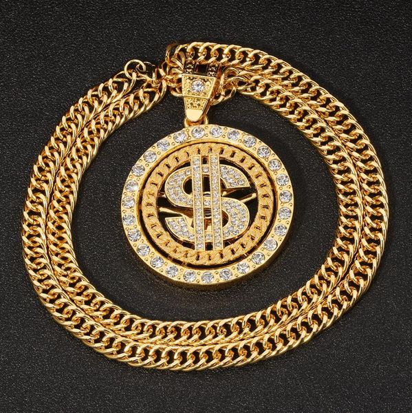 Collana con pendente girevole in dollaro americano Hip Hop da uomo, colore nastro d'oro, ghiaccio fuori, segno di cristallo, pendenti con roccia, rapper, Bling Bling Jewerly