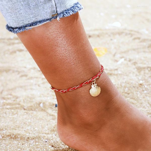 Fußkettchen Charming Fringe Beach Woven Einfache Seil Fußkettchen Frauen Shell Rote Perlen Weben Armband Charme Boho Knöchel Fuß Schmuck