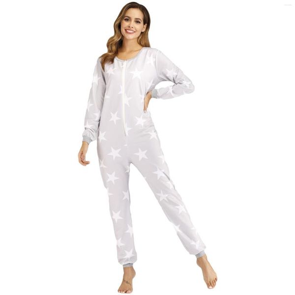 Damen-Nachtwäsche, Jumpsuits, grauer Druck, Onesies, Herbst-Onesie, Damen-Rundhals-Pyjama, Cosplay, einteilig