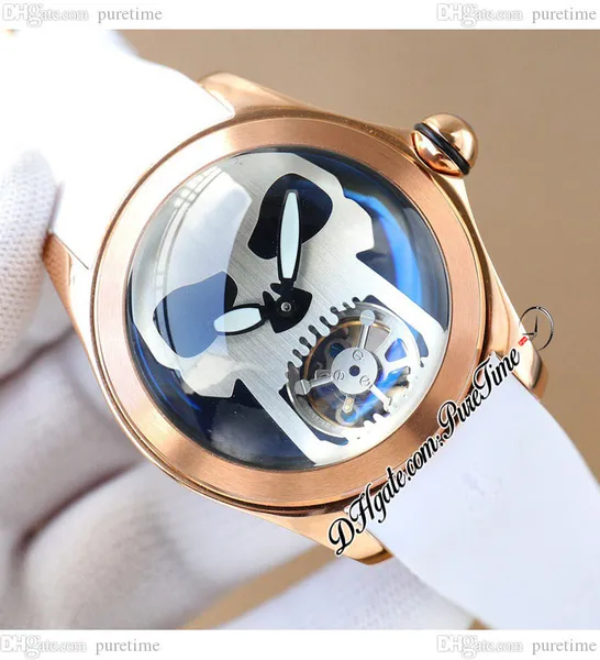 Bubble 46 A21j Orologio automatico da uomo in oro rosa con teschio nero Tourbillon quadrante cinturino in caucciù bianco Orologi Puretime E56a1