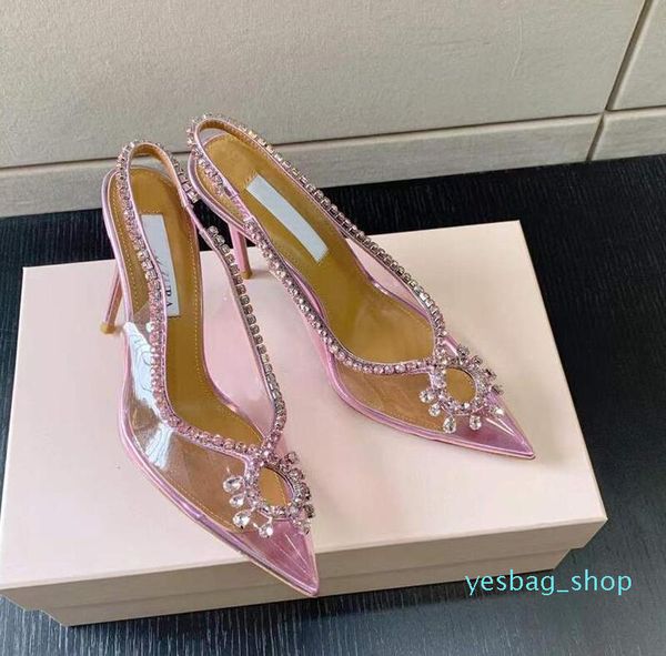 Sandalen PVC High Heels Schuhe Kleid Schuhfabrik Schuhe 100mm Spulen Frauen Luxurys Designer Kn￶chelkreuzgurt Mode Strasskristall-Embellished