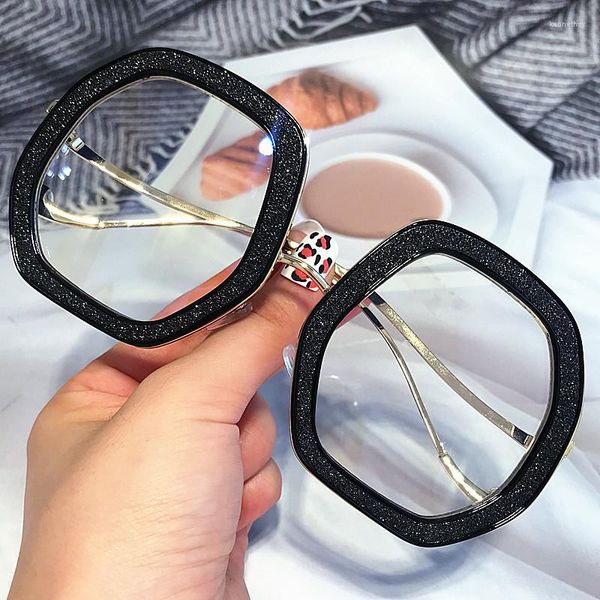 Montature per occhiali da sole Occhiali da vista in cristallo oversize irregolari anti-luce blu per occhiali da vista in polvere glitterata in lega di moda da donna