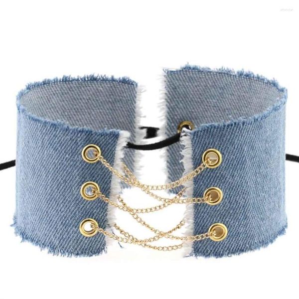 Girocollo Casual Elegante Blu Nero Boho Reviets Catena a maglie Denim Cotone Clavicola Collare Colier Collana Donna Femme Gioielli regalo