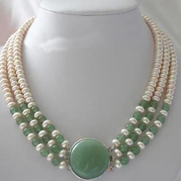 Habitoo 3row Green Jasper White Freshwwater Cultured Pearl Colar Jewelry Chans Colar