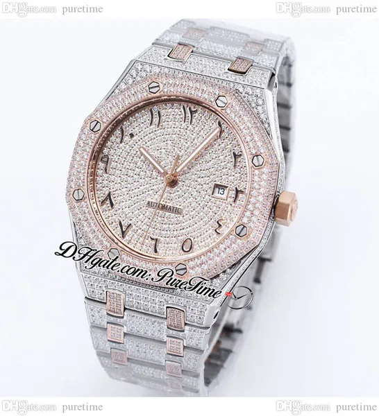 A1540 41 Full Diamonds A3120 Automatic Mens Watch Paved Diamond Arabic Script Dial Iced Out Bracelet из нержавеющей стали Двухтонное розовое золото Super Edition Puretime E251B2