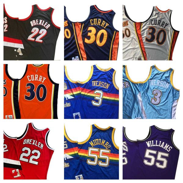 Bordado denso Retro Mitchellness Jerseys de basquete Carmelo Anthony Iverson Mutombo Stephen Curry Allen Iverson Clyde Drexler Jason Williams Tim Duncan