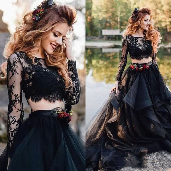 Gothic Schwarzes Hochzeitskleid A-Linie Zweiteilige Brautkleider Spitze Langarm Organza Rüschen Stufenrock Boho Strandbrautkleider Vestidos De Novia 2023