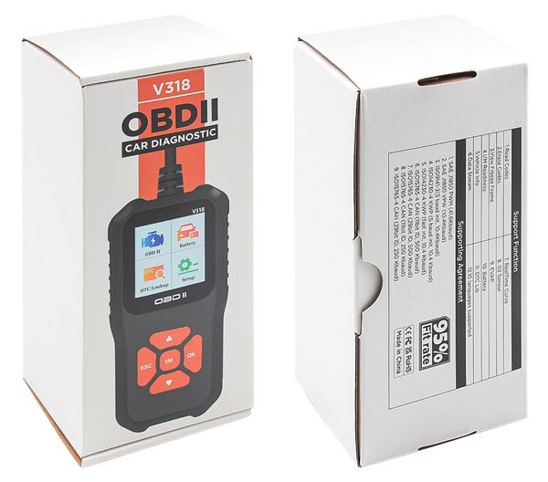 V318 OBD2 Lettore di codici Scanner Tester per auto Strumenti diagnostici Leggi le informazioni sul veicolo Sistema di accensione Test batteria Accessori auto