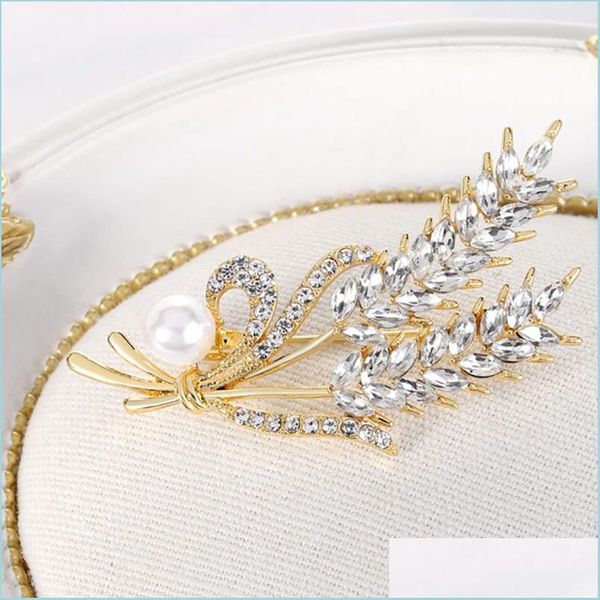 Pins Broschen Gold Weizen Garbe Brosche Pin Business Anzug Tops Hochzeitskleid Cor Perle Strass Broschen für Frauen Männer Mode Jewe Dhdtr