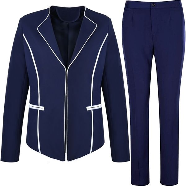 Damen Zweiteilige Hose Lenshin Anti-Falten Glatter Stoff Verdeckter Knopf Kontrastbindung Marineblauer Hosenanzug Zweiteiliges Set Damenmode Hosenanzüge 221115