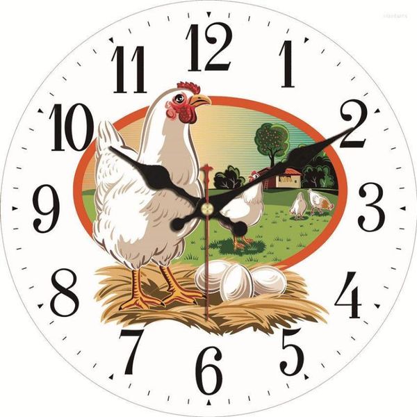 Relógios de parede Frango engraçado Hen Hen Clock House ovos frescos Design country Round Wooden Watches Animals Yard Decor Presente Presente