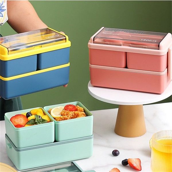 Caixa de bento de dois andares com utens￭lios de tabela de estilo japon￪s trabalho escolar com microondas lascas lascas de pl￡stico lanche de lanche de cozinha cont￪iner de armazenamento mar￭timo RRA564