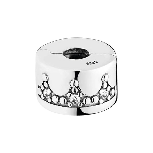 Ciondolo con clip a forma di corona in vero argento sterling con scatola originale per bracciali rigidi Pandora da donna, ragazze, creazione di gioielli, accessori, clip, ciondoli, diamante CZ