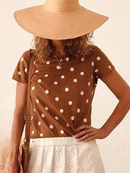 T-shirt da donna T-shirt a pois Donna Estate Girocollo Manica corta Lino Cotone Stampa T-shirt Elegante T-shirt da donna vintage Top 2022